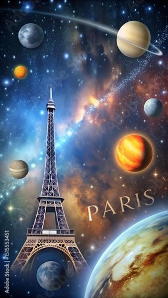Fototapeta Paris in the future with high tech towers glowing beneath cosmic atmosphere of planets stars solar flares and bright moon laralara for creating ads news