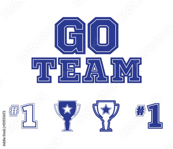 Fototapeta Set of sports fan icons in blue on a white background. Signs and symbols in vector format. Go Team logo text.