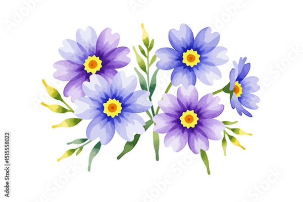 Fototapeta Watercolor Floral Illustration - Purple and Blue Flowers with Yellow Centers - Delicate Botanical Design for Spring and Summer Projects - Floral Clipart Image