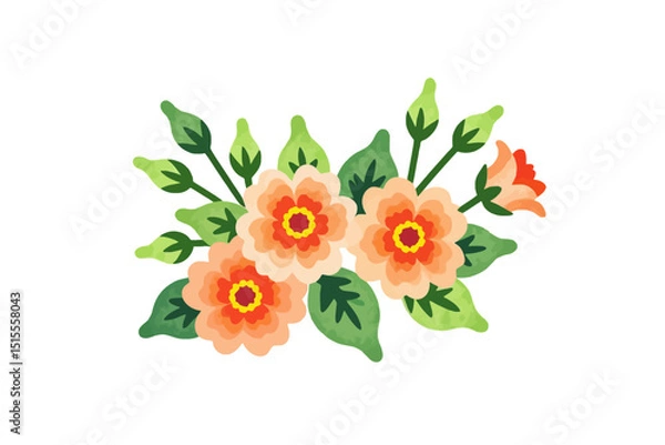 Fototapeta Watercolor Floral Illustration with Peach Flowers and Green Leaves- Beautiful Hand Drawn Flower Bouquet Graphic- Perfect for Spring and Summer Designs