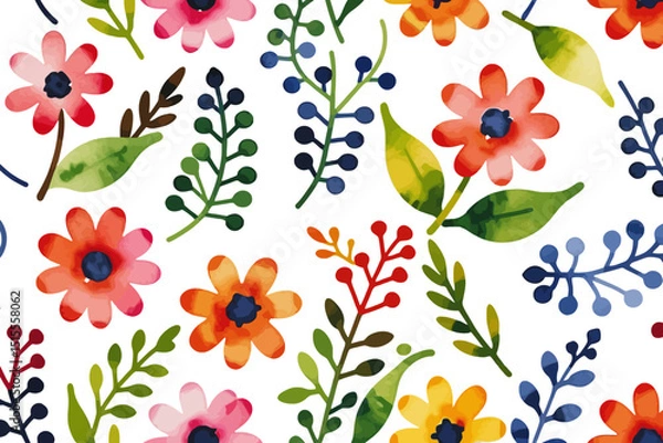 Fototapeta Watercolor Floral Pattern Background- Delicate Flower and Leaf Design- Seamless Botanical Illustration for Wallpaper and Fabric Prints- Pretty Spring Flower Artwork