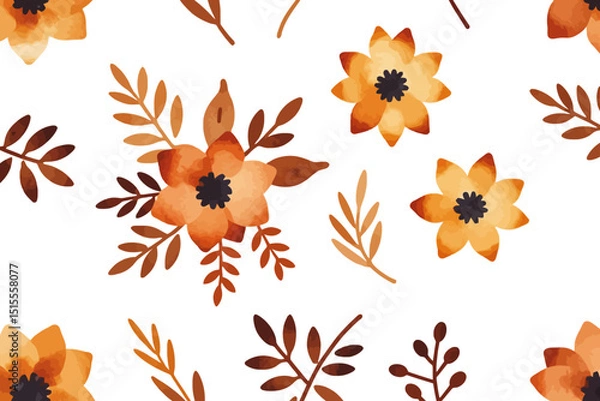 Fototapeta Watercolor Floral Pattern - Seamless Design with Autumn Flowers and Leaves - Perfect for Backgrounds, Textiles, and Creative Projects featuring warm earthy tones
