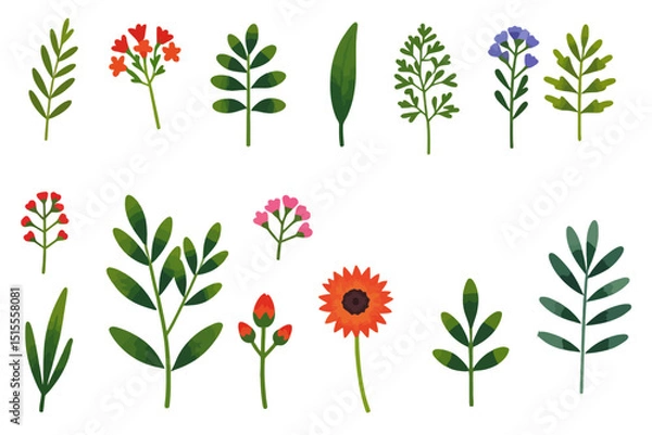 Fototapeta Watercolor Flower and Leaf Illustration- Botanical Art Print- Floral Design Elements- Ideal for Spring and Summer Projects- Bright Colors and Delicate Details- Nature Inspired Graphics