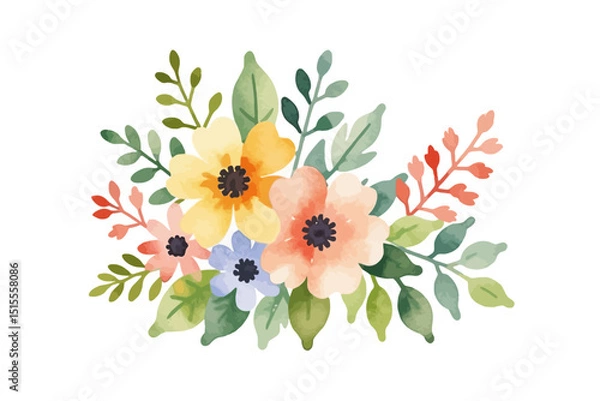 Fototapeta Watercolor Flower Bouquet Illustration - Delicate Floral Arrangement with Pastel Colors - Beautiful Spring Flowers and Green Leaves Design Element for Greetings and Invitations