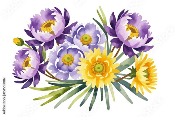 Fototapeta Watercolor Flower Bouquet Illustration - Purple and Yellow Floral Arrangement - Hand Painted Botanical Design for Spring and Summer Projects