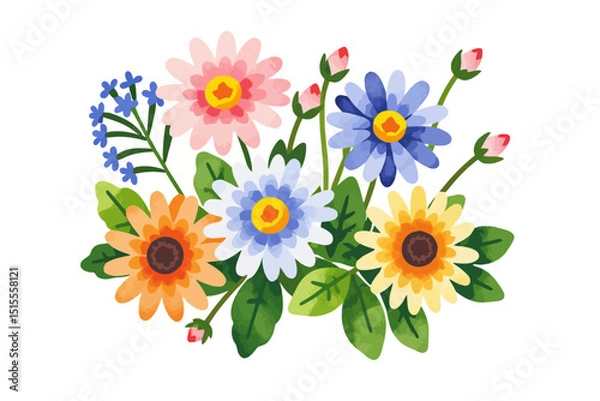 Fototapeta Watercolor Flower Bouquet Illustration - Vibrant Floral Arrangement with Daisies and Buds - Ideal for Spring Designs and Botanical Art Projects