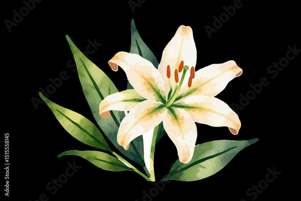Fototapeta Watercolor Lily Flower Illustration - Elegant Floral Design with Green Leaves - Botanical Art for Spring and Summer Projects