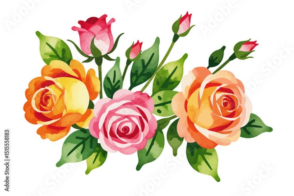 Fototapeta Watercolor Rose Bouquet Illustration- Colorful Roses with Leaves- Perfect for Floral Designs- Use for Weddings, Invitations, and Scrapbooking Projects