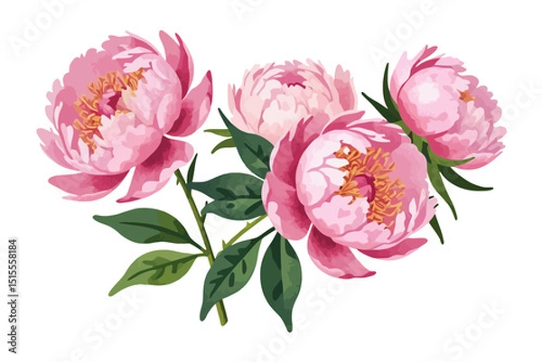 Fototapeta Watercolor Pink Peonies Illustration- Beautiful Floral Arrangement with Green Leaves- Perfect for Spring or Summer Designs- Delicate Blossom Artwork for Greetings and Invitations