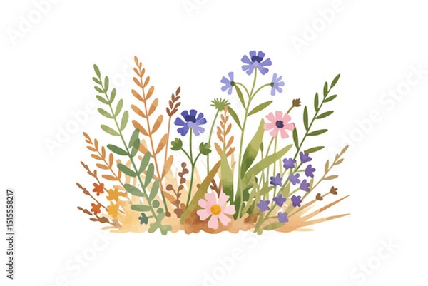Fototapeta Watercolor Wildflower Meadow Illustration - Charming Floral Clipart for Spring Projects - Delicate Watercolor Flower Arrangement for Card Making and Crafts