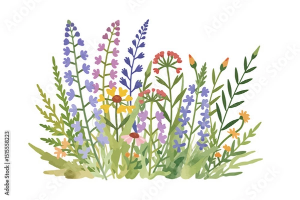 Fototapeta Watercolor Wildflower Meadow Illustration - Colorful Floral Arrangement with Larkspur and Coneflowers - Botanical Art Print for Spring Decor and Nature Inspired Designs