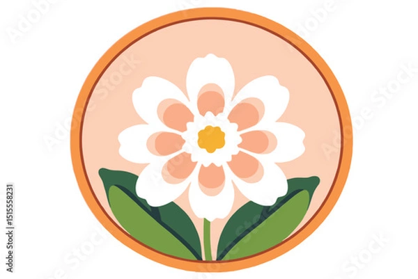 Fototapeta White Daisy Flower Illustration with Green Leaves - Floral Design in Peach Circle - Vector Graphic for Spring and Summer Themes - Nature Inspired Art