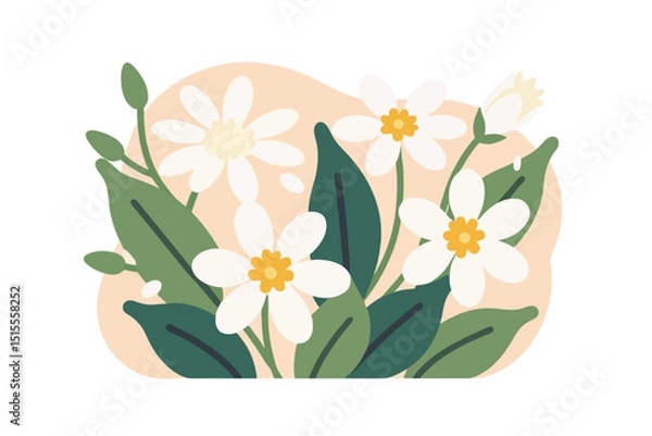 Fototapeta White Daisy Flower Vector Illustration-Floral Design with Green Leaves-Botanical Art for Graphic Projects-Elegant Spring Flower Image