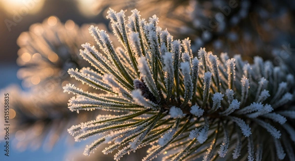 Obraz Icy Emerald: A Winter's Kiss On Evergreen Boughs In Crisp Sunlight