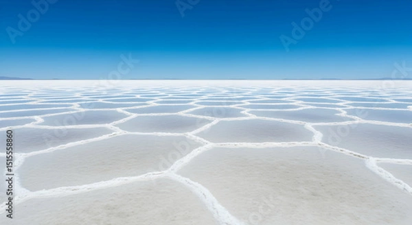 Obraz Salar De Uyuni's Geometric Cracked Salt Crust And Endless Blue Sky
