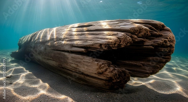 Obraz Submerged Timber With Sun Rays Illuminating Sandy Seabed Beneath Surface