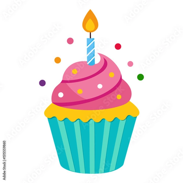 Obraz A cute cartoon cupcake with pink frosting, colorful sprinkles, and a single lit candle, suggesting a celebration.