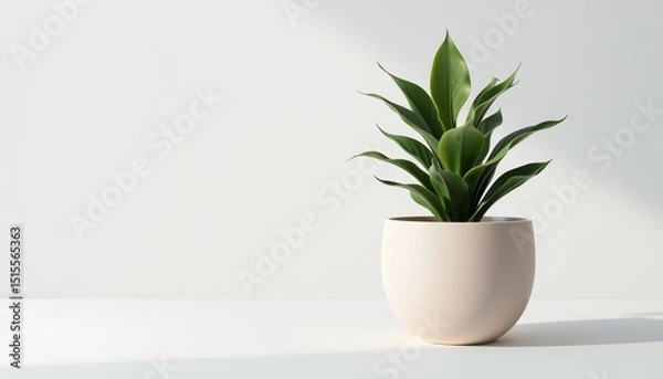Fototapeta Minimalist green plant in a white pot placed on a clean, bright surface against a plain background.