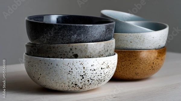 Fototapeta Ceramic Bowl Collection: A close-up shot presents a stack of unique, textured ceramic bowls, each with a distinctive shape and hue, evoking the essence of modern artistry.
