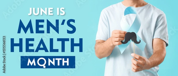 Fototapeta Young man with blue ribbon and paper mustache on color background, closeup. Prostate cancer awareness concept
