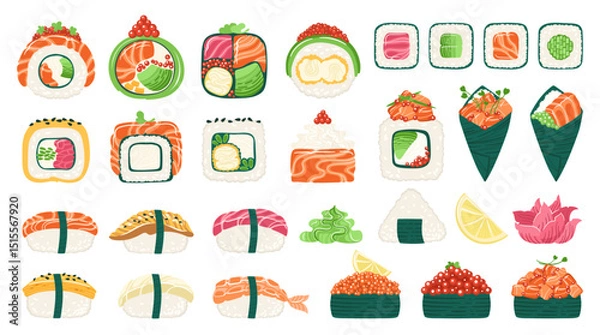 Fototapeta Sushi cartoon set. Traditional Asian Japanese food big set. Sushi seafood different types Philadelphia, maki roll, California, nigiri sashimi flat textured vector for oriental menu cafe bar restaurant