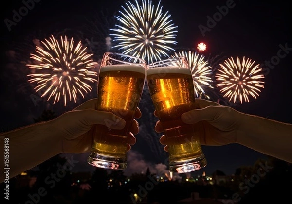 Obraz 綺麗な花火を眺めながらビールで乾杯