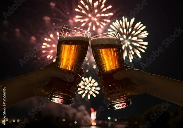 Obraz 綺麗な花火を眺めながらビールで乾杯