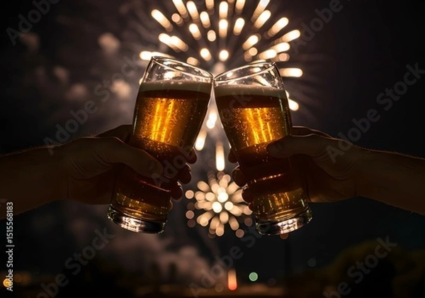 Obraz 綺麗な花火を眺めながらビールで乾杯