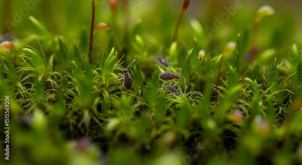 Fototapeta Tiny Dwellers Springtails Amidst Vivid Green Moss Macro Environment View