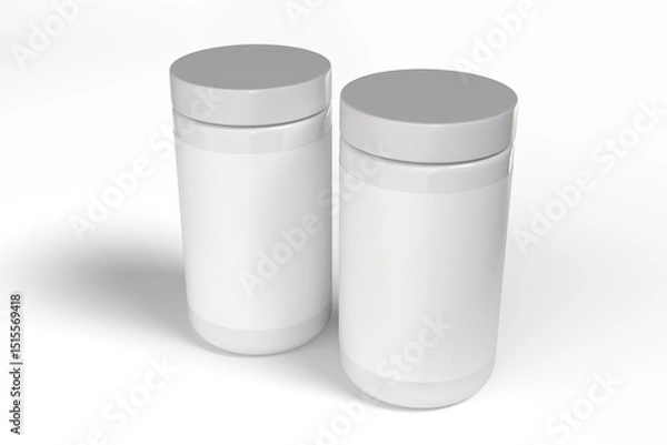 Fototapeta Plastic bottle jar for pills and supplements mockup packaging 3d for medicine and vitamin with blank label. Template of round closed container pharmacy capsule, pill capsule cylinder, whey protein