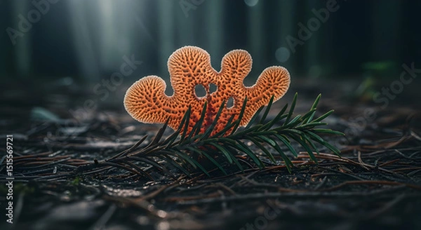 Fototapeta Fungus Of Mysterious Orange Color In Forest Landscape With Lightrays