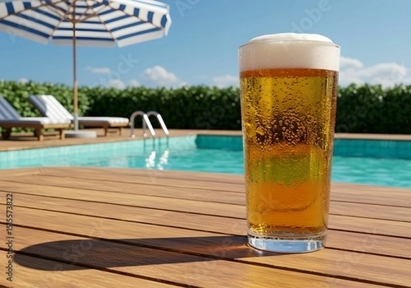 Obraz プールサイドのパラソルの下で冷えたビールを楽しむ