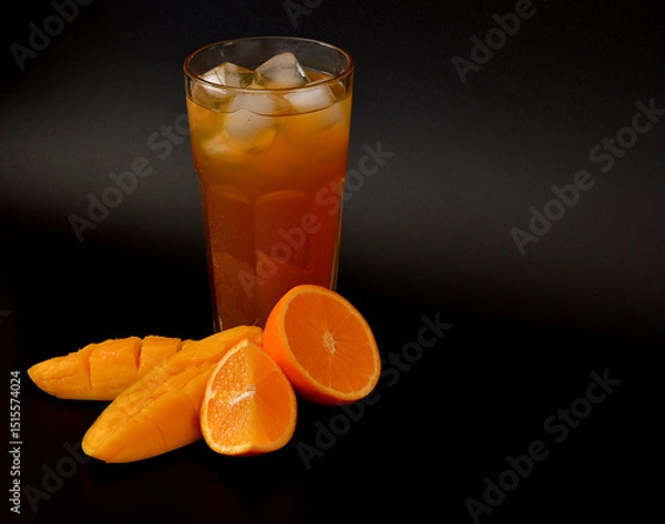Obraz Orange-mango juice in a tall faceted glass with ice on a black background, next to pieces of ripe fruit.