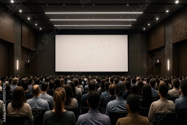 Fototapeta Modern Auditorium or Conference Hall Filled with a Diverse Audience Facing a Large Blank Projection Screen Ready for a Presentation or Event AI Generated
