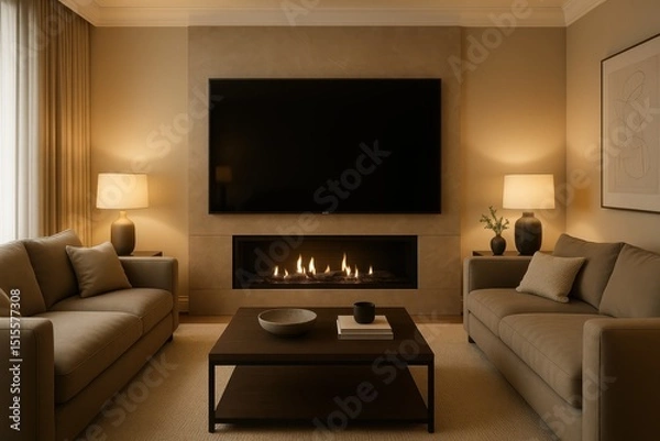 Fototapeta Luxurious contemporary living room featuring a massive high-definition smart TV mounted above a sleek fireplace with plush sofas and elegant decor creating an ultimate home theater experience.