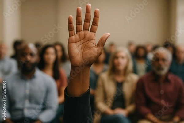 Fototapeta Single determined hand raised high amidst a blurred diverse assembly during a town hall meeting symbolizing active citizen participation in democratic decision-making.