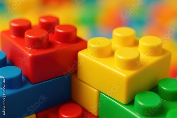 Fototapeta Vibrant macro close-up of interconnected colorful plastic building blocks from a children's construction toy set against a playfully blurred bright background.