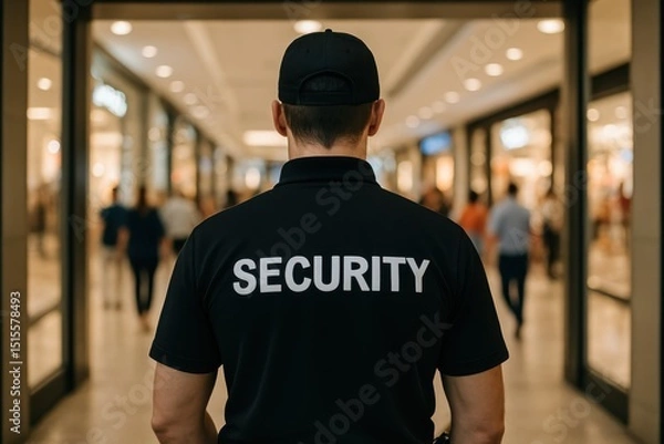 Fototapeta Vigilant Security Guard in Full Uniform Maintaining a Watchful Stance at the Entrance of a Bustling Modern Shopping Mall Ensuring Public Safety