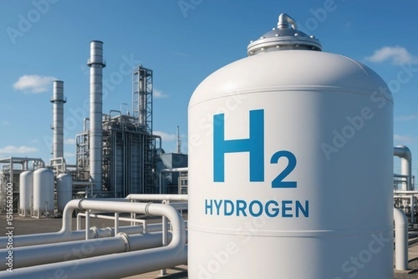 Fototapeta Industrial H2 hydrogen fuel storage tank prominently displayed with a modern hydrogen power plant facility in the background symbolizing the shift to clean energy and net zero emissions by 2050