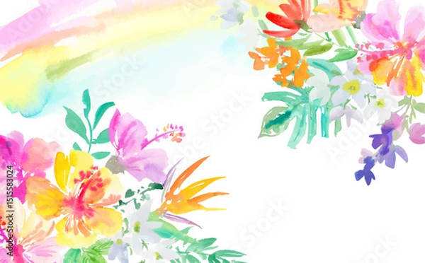 Obraz Abstract watercolor vector illustration of pink and yellow hibiscus, monstera, and tropical plants for background use. Hand-drawn frame with tropical flowers and a rainbow.