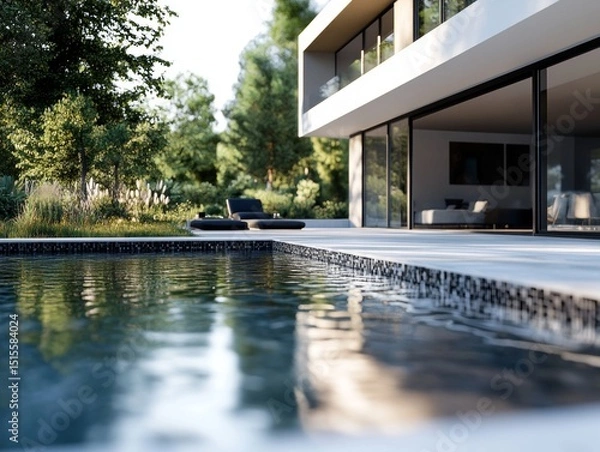 Fototapeta A large house with a pool and a patio. The pool is surrounded by a black tile border