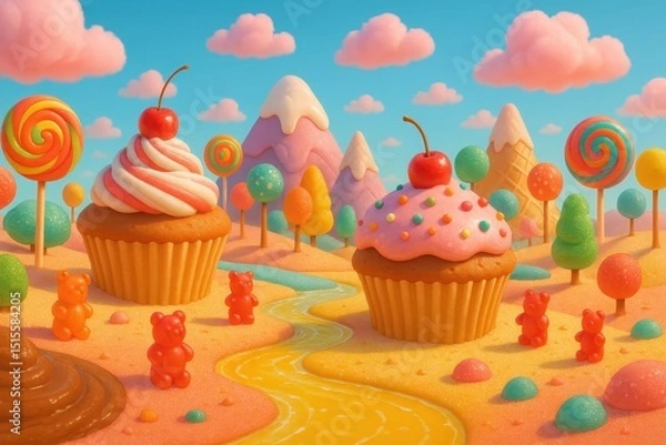 Fototapeta Whimsical and vibrant 3D fantasy candyland landscape featuring giant cupcakes colorful lollipops ice cream cone mountains gummy bear trees and fluffy candy floss clouds under a bright sky