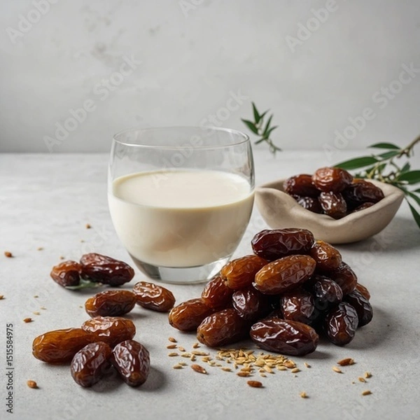 Fototapeta Dates and milk arranged for Eid ul Azha on a white background