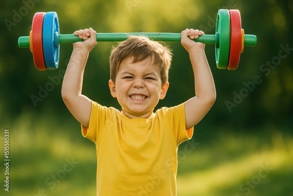 Fototapeta Determined young boy with a joyful expression proudly lifting a brightly colored toy barbell showcasing childhood strength and playful fitness.