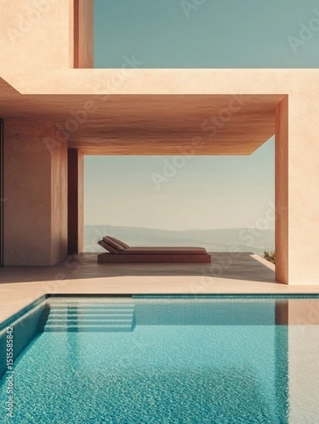 Fototapeta A luxurious modern poolside view with a comfortable seating area, understated and minimalistic architectural style.