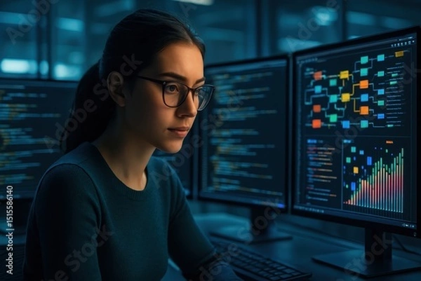 Fototapeta Focused female data scientist with glasses intently analyzing complex algorithms and colorful data visualizations on multiple computer screens in a futuristic high-tech office.