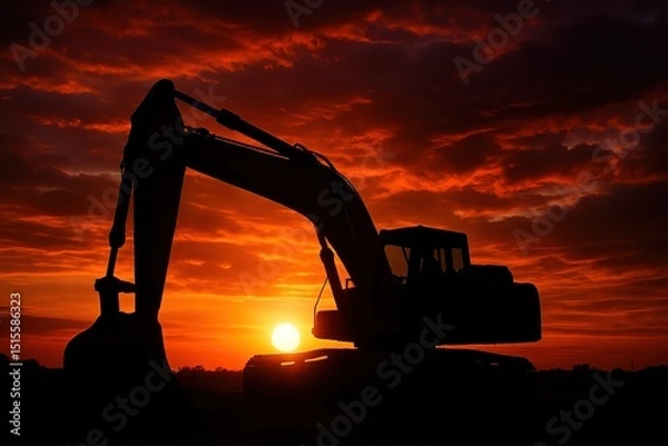 Fototapeta Heavy-duty yellow excavator silhouetted against a dramatic fiery orange sunset its powerful arm resting after a day's work on a large construction site.