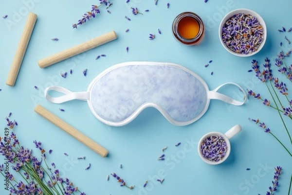 Obraz A blue eye mask is on a table with lavender flowers and a cup of tea. Concept of relaxation and tranquility, as the eye mask and lavender flowers are often associated with calming scents