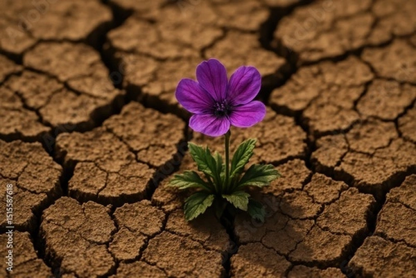Fototapeta Symbolic close-up of a single resilient purple wildflower bravely blooming amidst dry cracked arid earth representing nature's tenacity and hope in harsh drought conditions.
