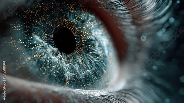 Fototapeta A cyber security data protection system with ai is symbolized by close up of human eye with digital light effects showing advanced technology